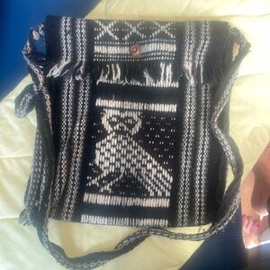 Black & White Woven Crossbody Bag with Geometric Motif